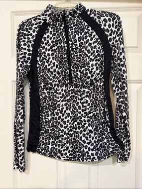 Boston Proper Black & White Leopard Print Long-Sleeve Half-Zip Top
